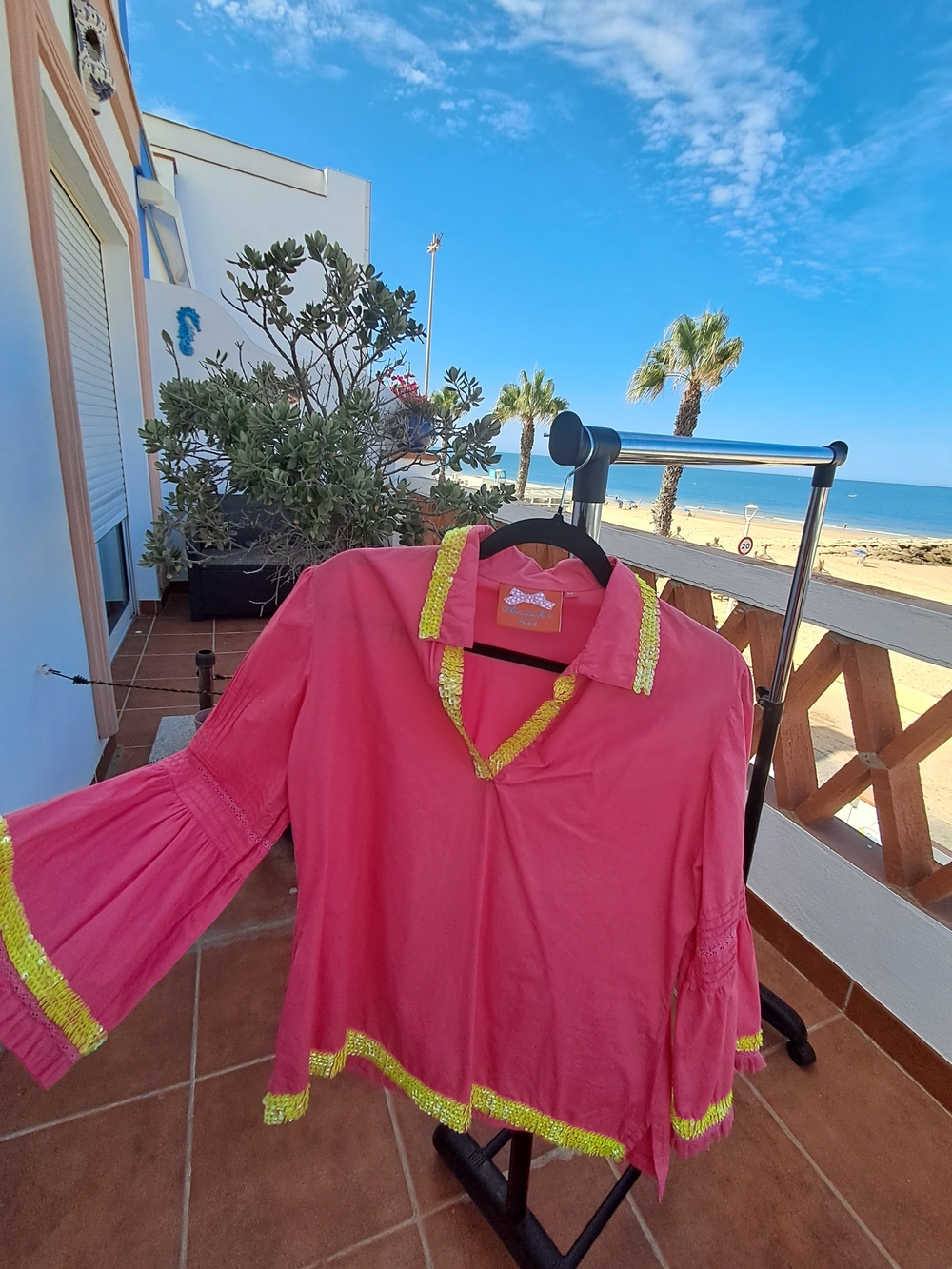 Made In Spain! Bright Pink Women's Sequin-Trimed V-Neck Top